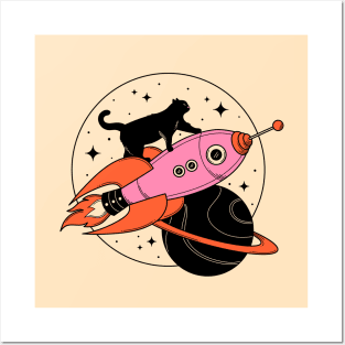 Space Walker Black Cat in beige Posters and Art